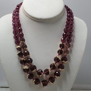 DSW  ruby faceted glass bead with gold and rhinestones double layered necklace